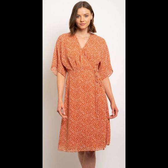 orange ditsy floral flutter sleeve chiffon v-neck Cottagecore Wrap Dress - Picture 3 of 7